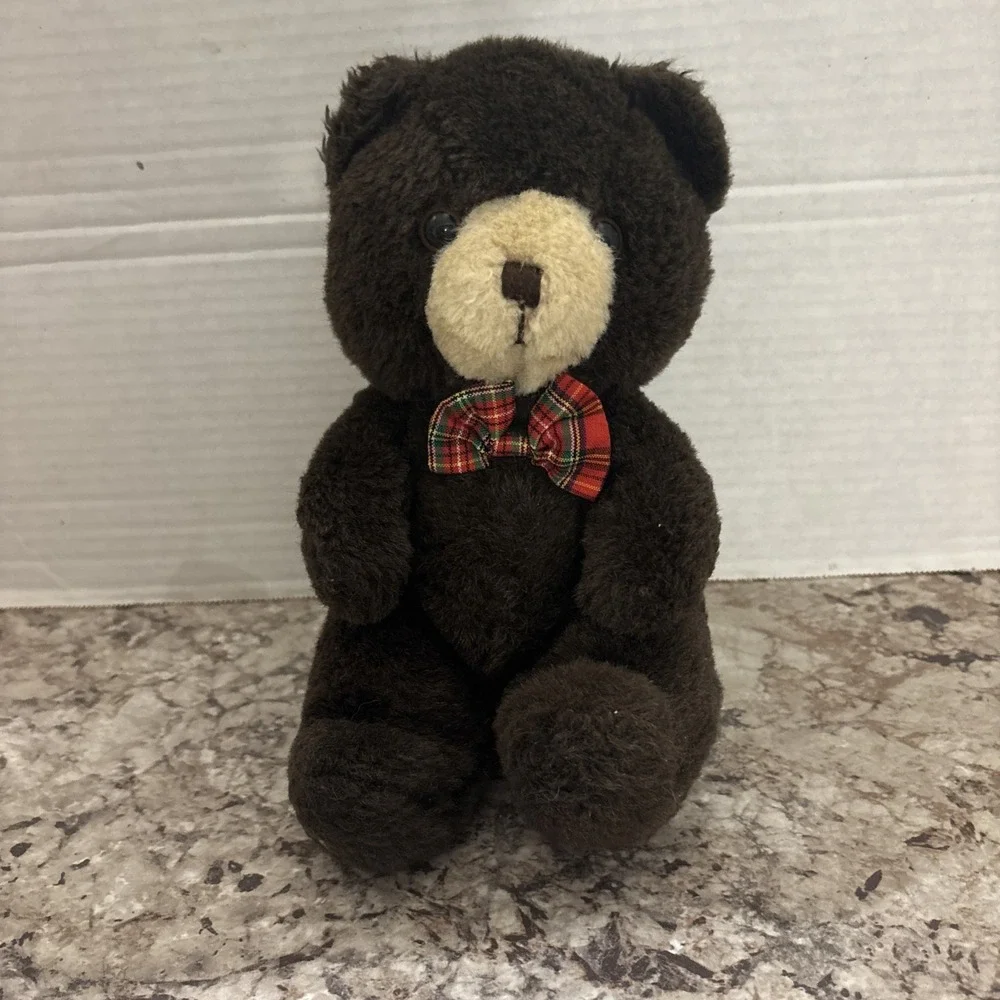 Vintage Cuddle Wit Dark Brown Teddy Bear Plush Toy 1996 Stuffed Bear Plaid Tye